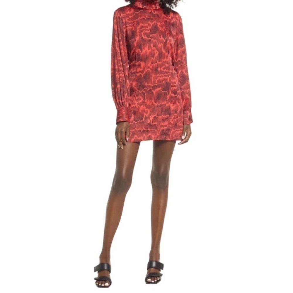 Open Edit Open Back Long Sleeve Satin Mini Dress Red Bloom Animal Camo Large New